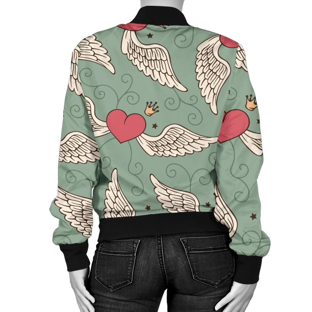 Angel Wings Heart Design Themed Print Women Casual Bomber Jacket