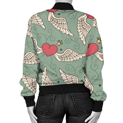 Angel Wings Heart Design Themed Print Women Casual Bomber Jacket