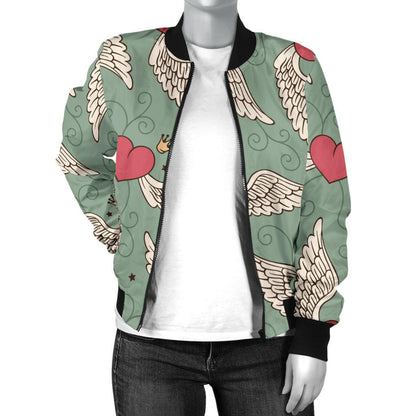 Angel Wings Heart Design Themed Print Women Casual Bomber Jacket