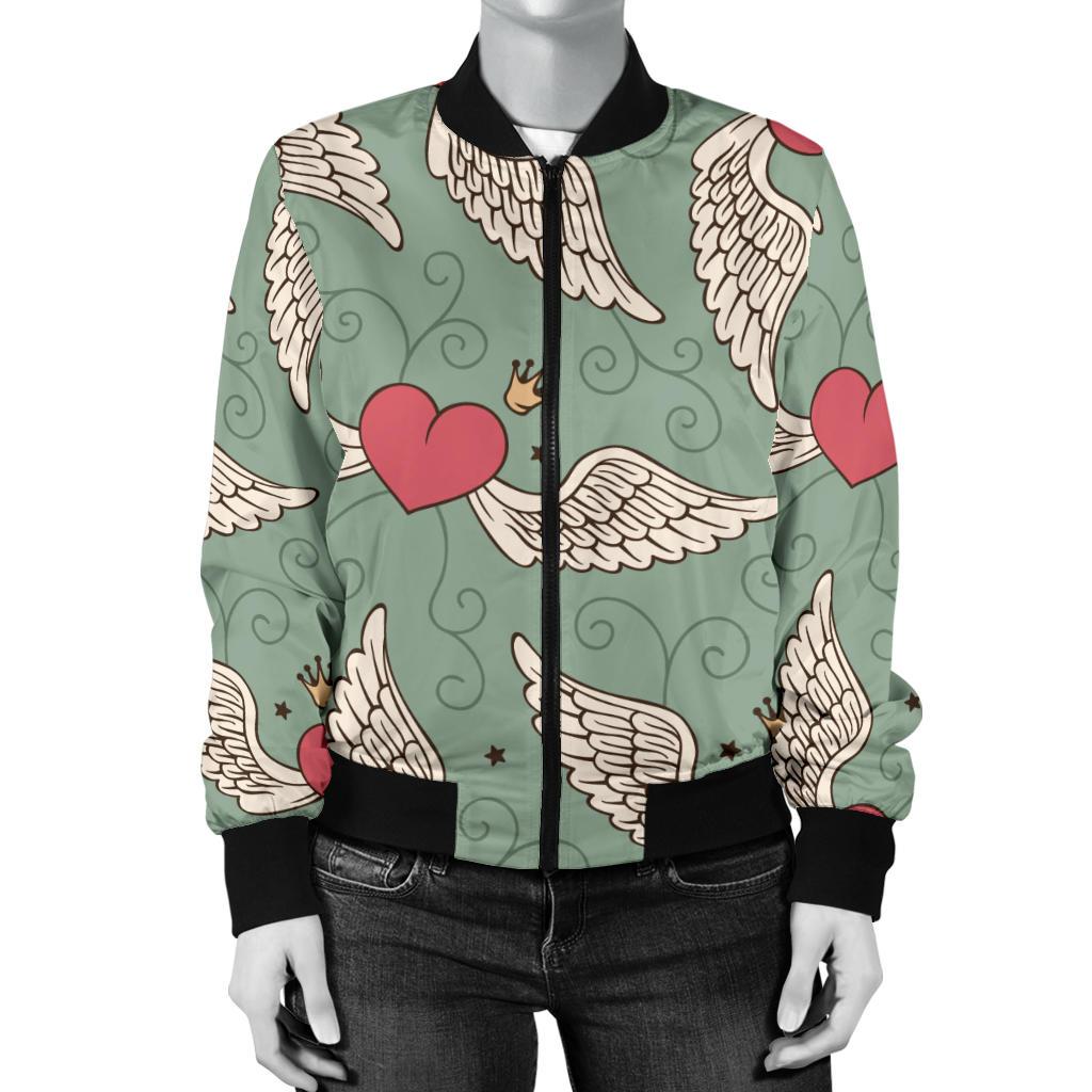 Angel Wings Heart Design Themed Print Women Casual Bomber Jacket