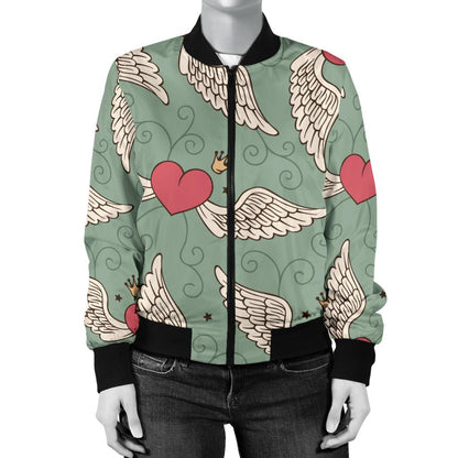 Angel Wings Heart Design Themed Print Women Casual Bomber Jacket