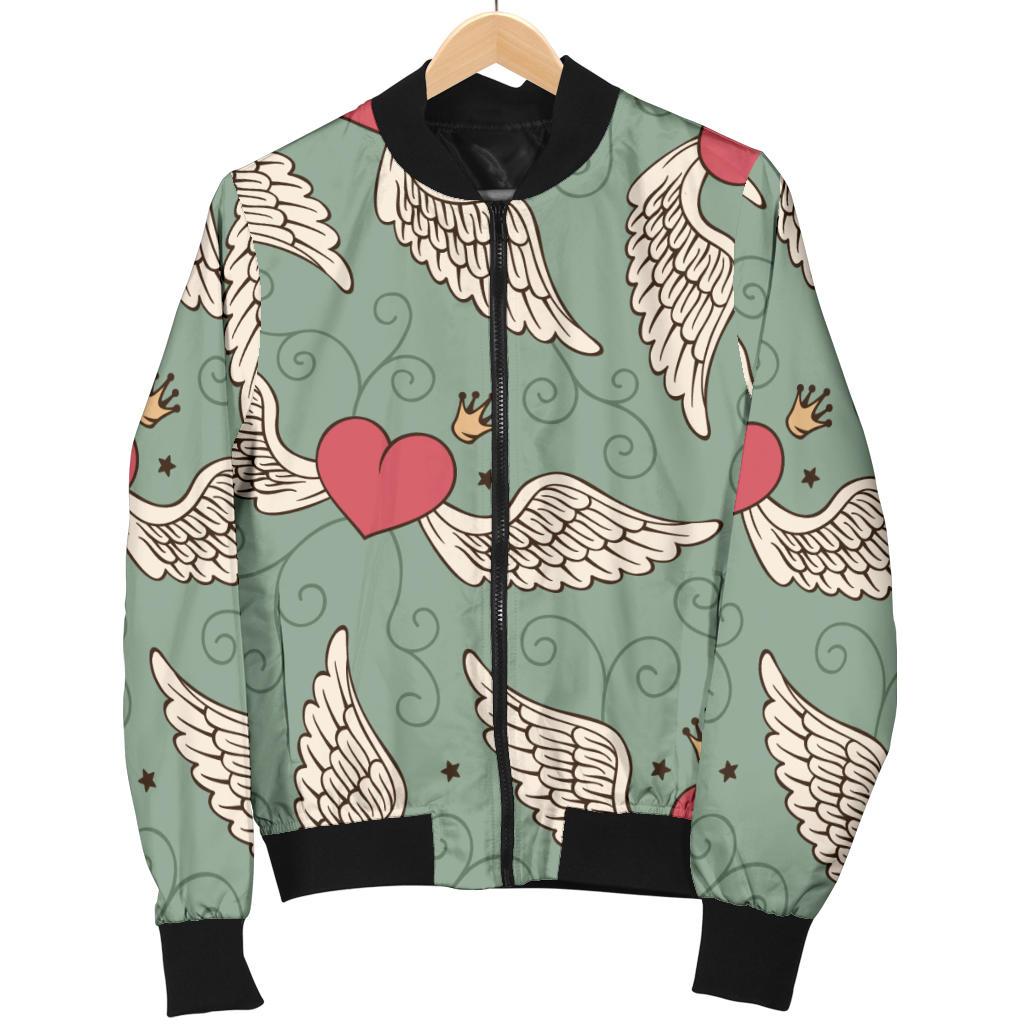 Angel Wings Heart Design Themed Print Women Casual Bomber Jacket