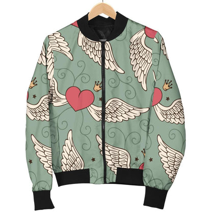 Angel Wings Heart Design Themed Print Women Casual Bomber Jacket
