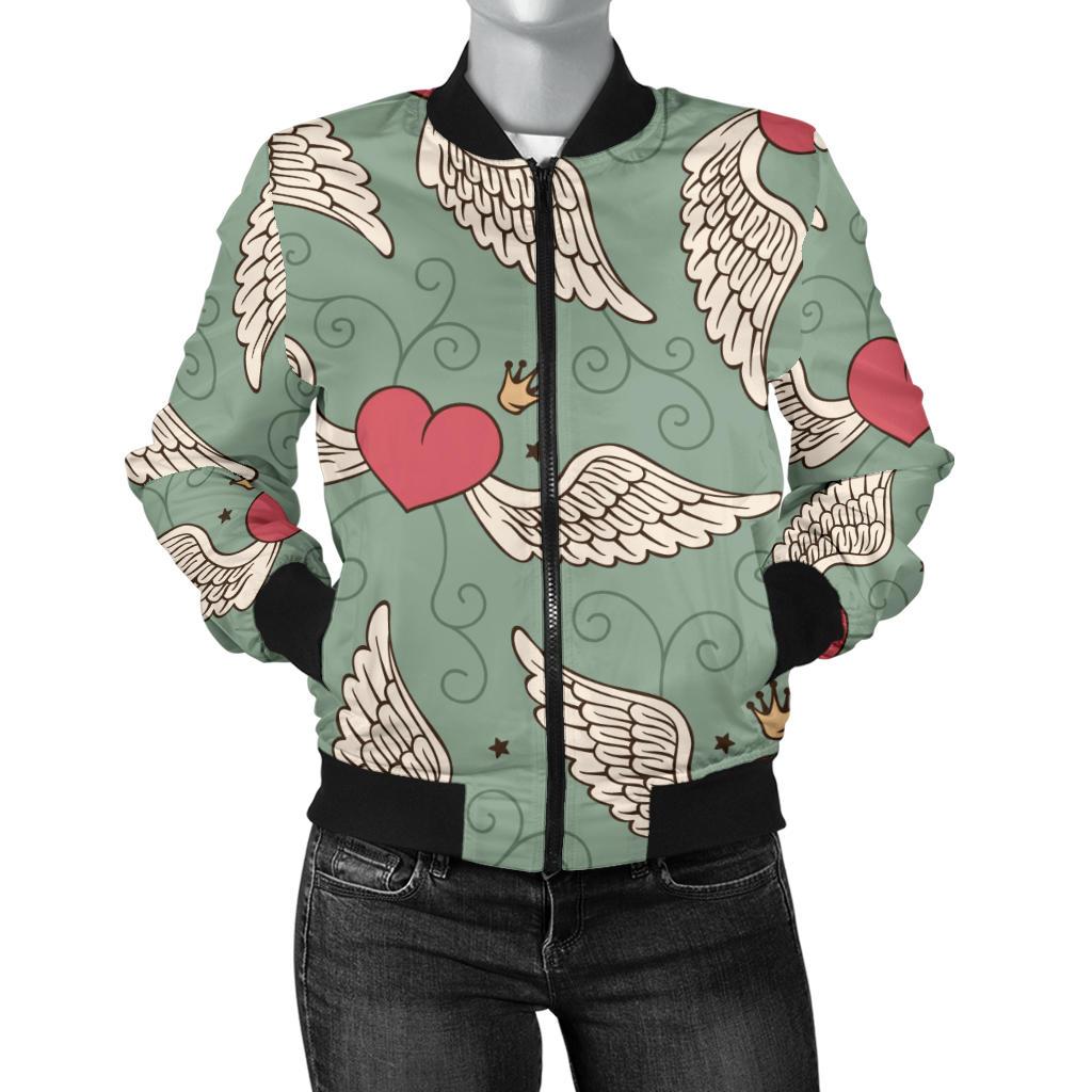 Angel Wings Heart Design Themed Print Women Casual Bomber Jacket