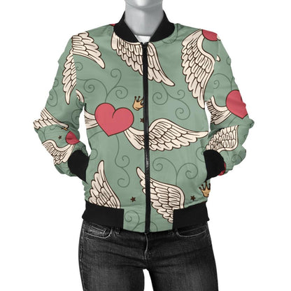 Angel Wings Heart Design Themed Print Women Casual Bomber Jacket