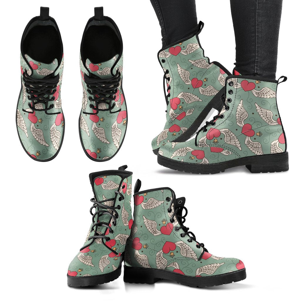 Angel Wings Heart Design Themed Print Women Leather Boots-JTAMIGO.COM