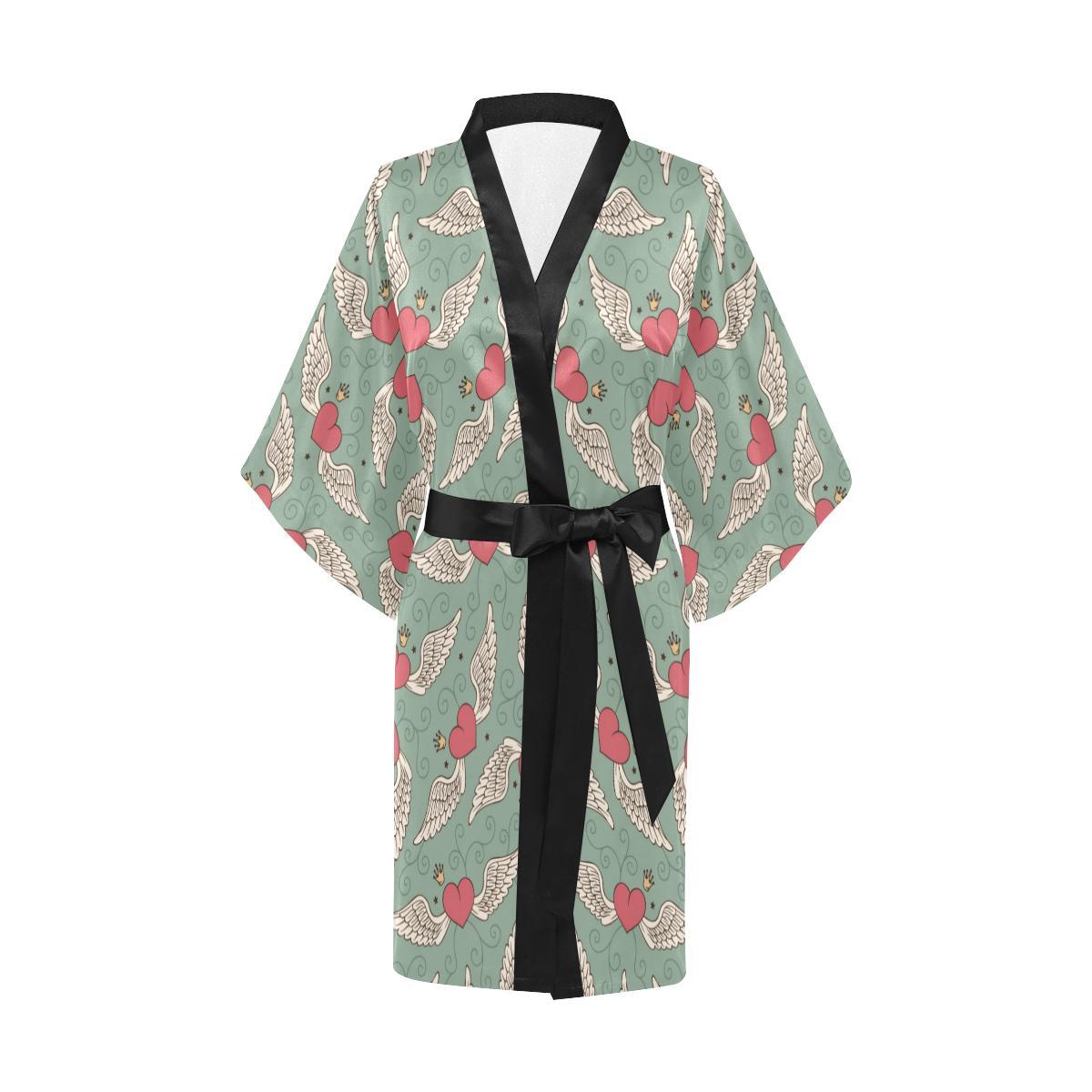 Angel Wings Heart Design Themed Print Women Short Kimono Robe