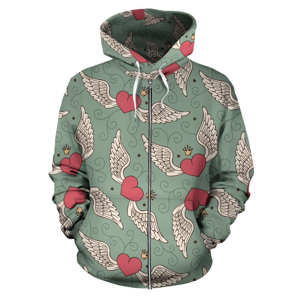 Angel Wings Heart Design Themed Print Zip Up Hoodie