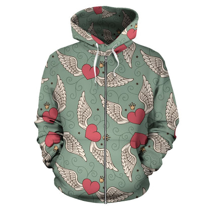 Angel Wings Heart Design Themed Print Zip Up Hoodie