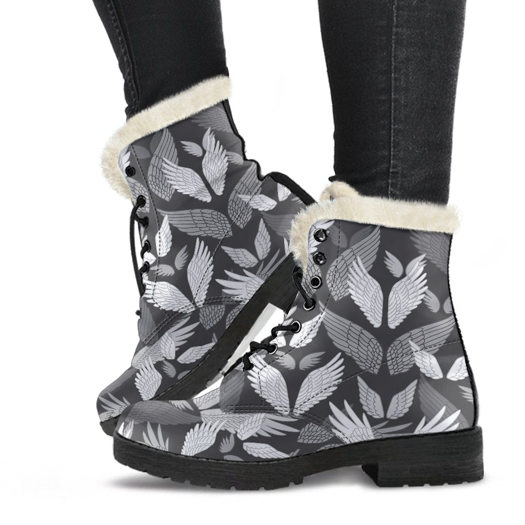 Angel Wings Pattern Design Themed Print Faux Fur Leather Boots-JTAMIGO.COM