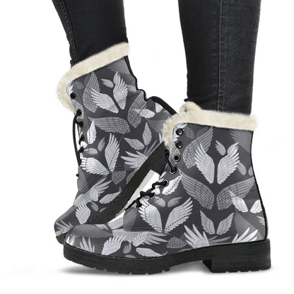 Angel Wings Pattern Design Themed Print Faux Fur Leather Boots-JTAMIGO.COM
