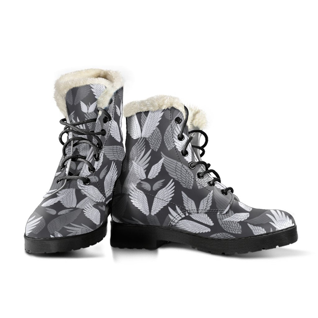 Angel Wings Pattern Design Themed Print Faux Fur Leather Boots-JTAMIGO.COM