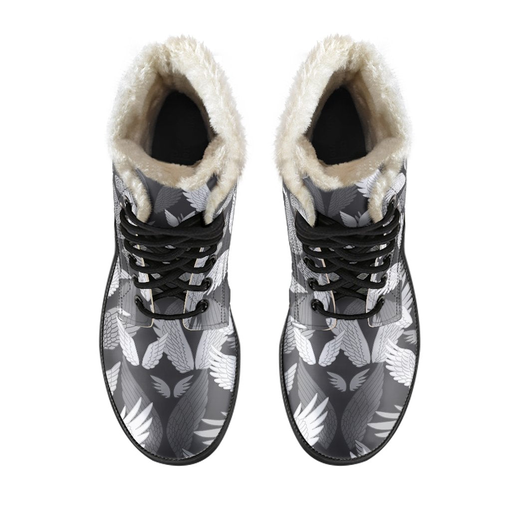 Angel Wings Pattern Design Themed Print Faux Fur Leather Boots-JTAMIGO.COM