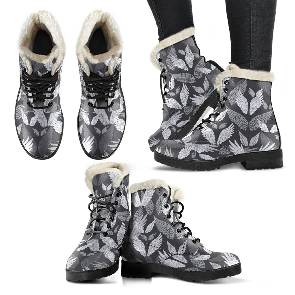 Angel Wings Pattern Design Themed Print Faux Fur Leather Boots-JTAMIGO.COM
