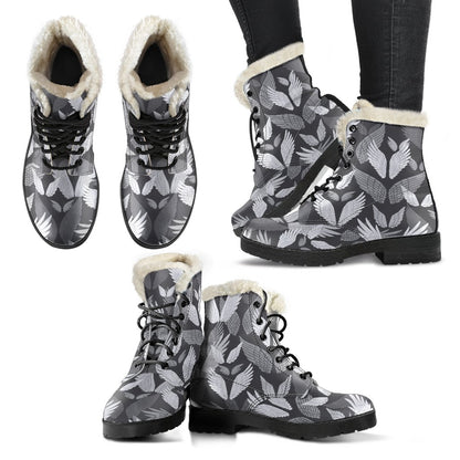 Angel Wings Pattern Design Themed Print Faux Fur Leather Boots-JTAMIGO.COM