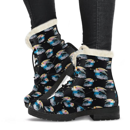 Angel with Wings Beautiful Design Print Faux Fur Leather Boots-JTAMIGO.COM