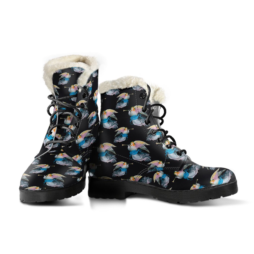 Angel with Wings Beautiful Design Print Faux Fur Leather Boots-JTAMIGO.COM