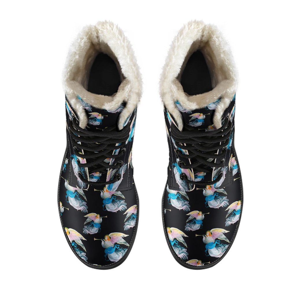 Angel with Wings Beautiful Design Print Faux Fur Leather Boots-JTAMIGO.COM