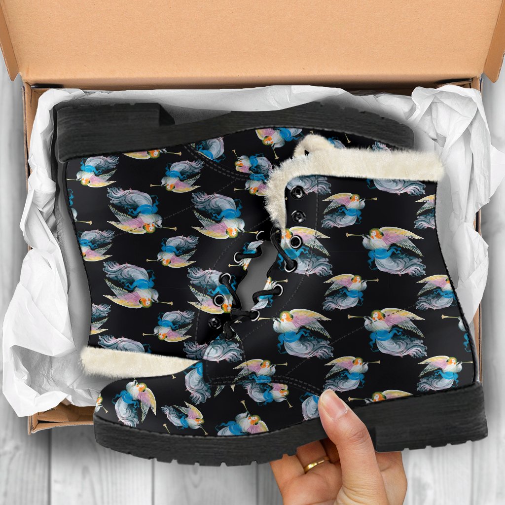 Angel with Wings Beautiful Design Print Faux Fur Leather Boots-JTAMIGO.COM