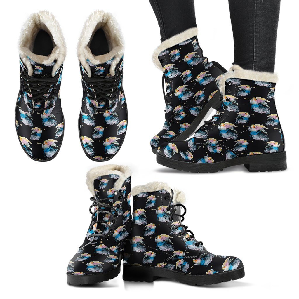 Angel with Wings Beautiful Design Print Faux Fur Leather Boots-JTAMIGO.COM