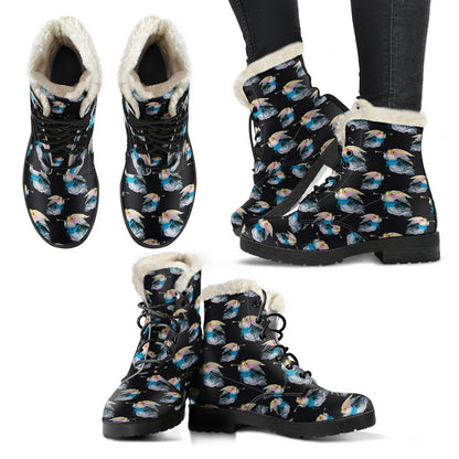 Angel with Wings Beautiful Design Print Faux Fur Leather Boots-JTAMIGO.COM