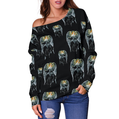 Angel with Wings Cute Design Print Off Shoulder Sweatshirt