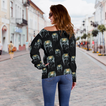 Angel with Wings Cute Design Print Off Shoulder Sweatshirt