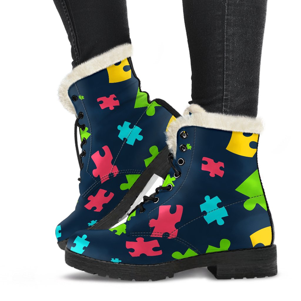Autism Awareness Colorful Design Print Faux Fur Leather Boots-JTAMIGO.COM