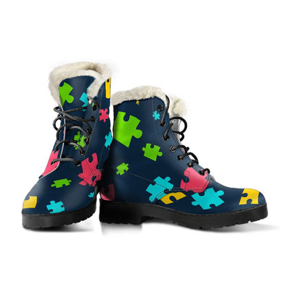 Autism Awareness Colorful Design Print Faux Fur Leather Boots-JTAMIGO.COM