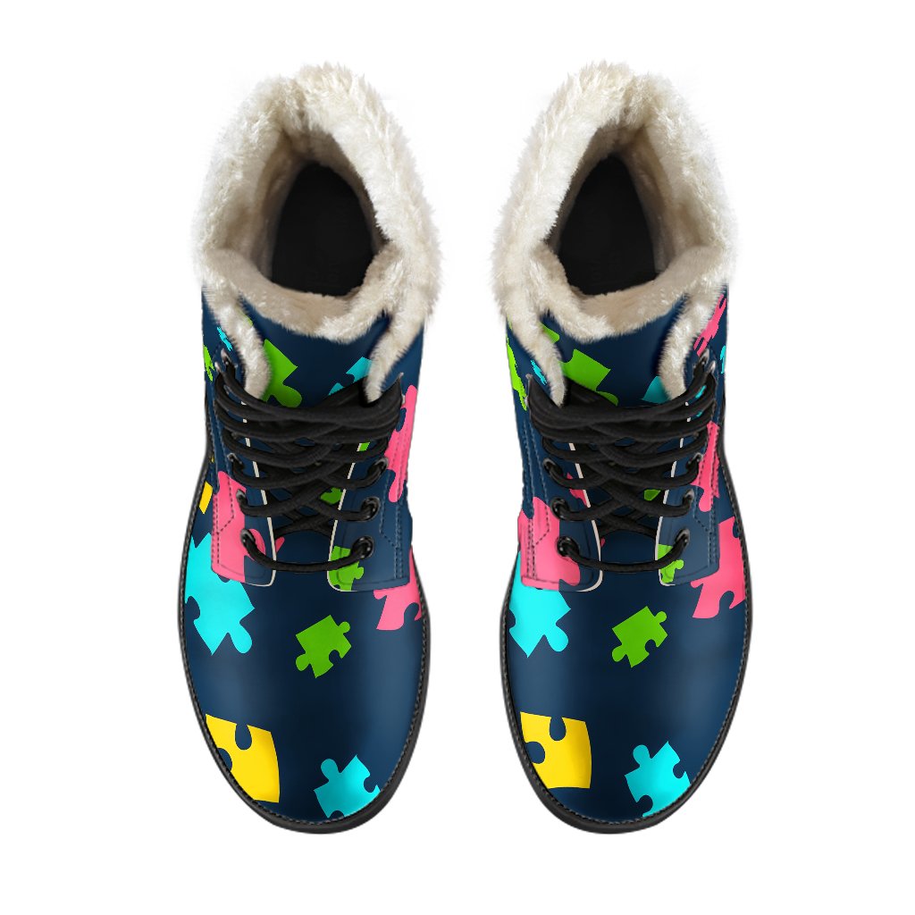 Autism Awareness Colorful Design Print Faux Fur Leather Boots-JTAMIGO.COM