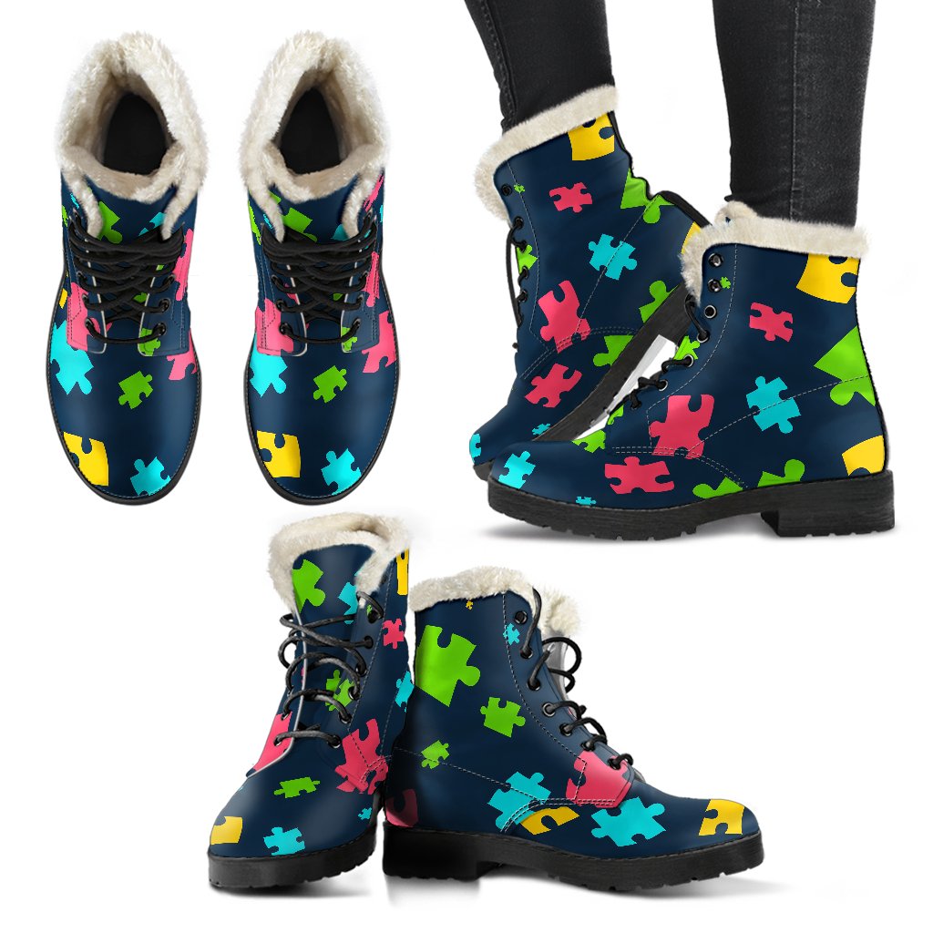 Autism Awareness Colorful Design Print Faux Fur Leather Boots-JTAMIGO.COM