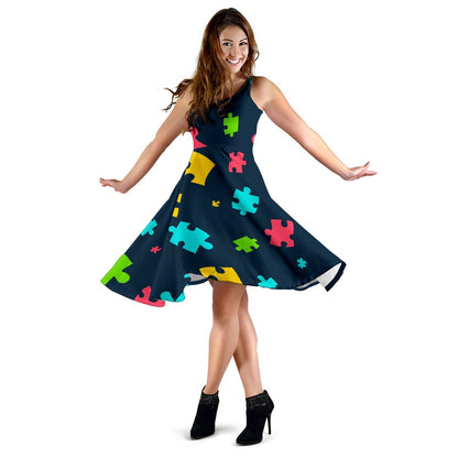 Autism Awareness Colorful Design Print Sleeveless Dress