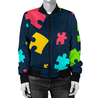 Autism Awareness Colorful Design Print Women Casual Bomber Jacket