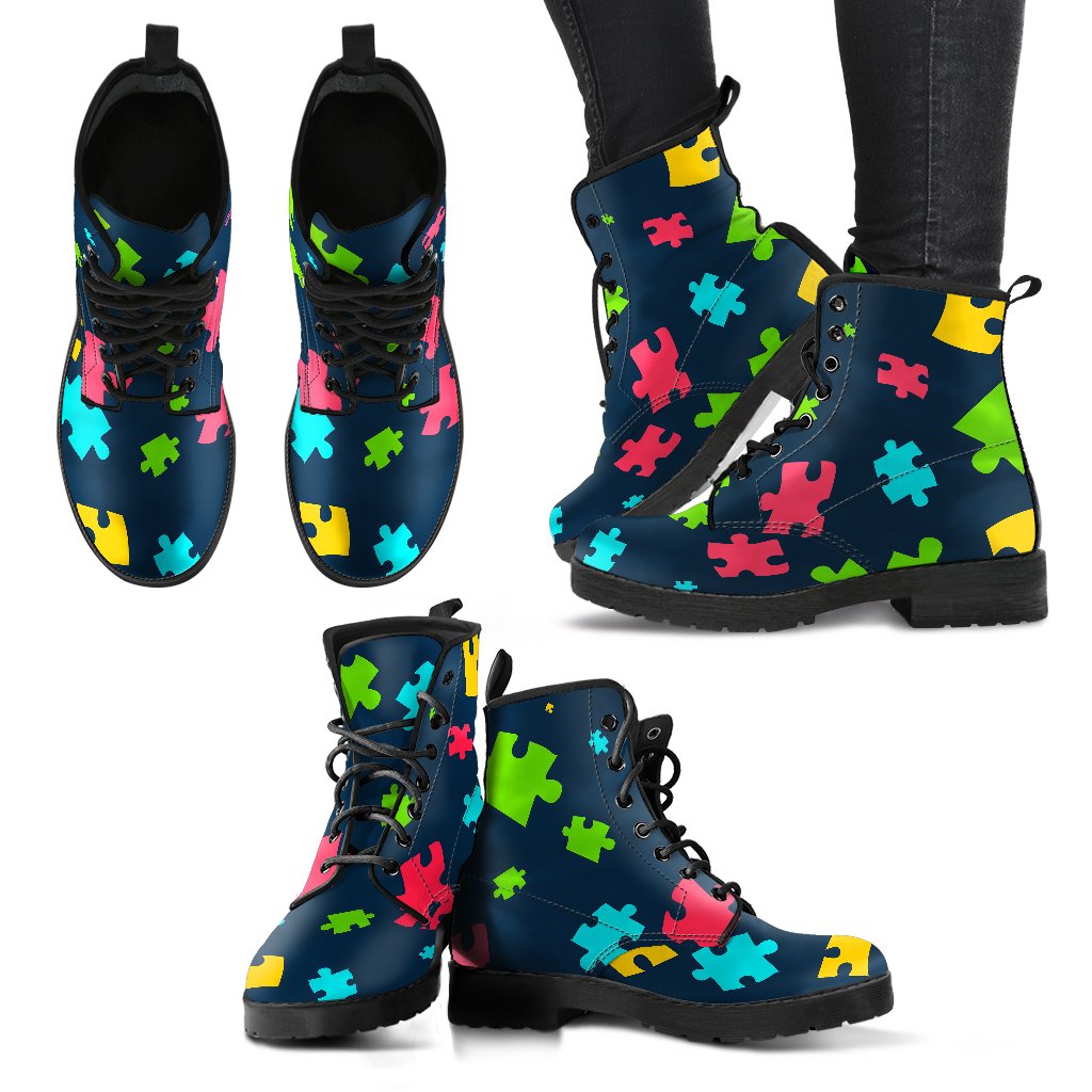 Autism Awareness Colorful Design Print Women Leather Boots-JTAMIGO.COM