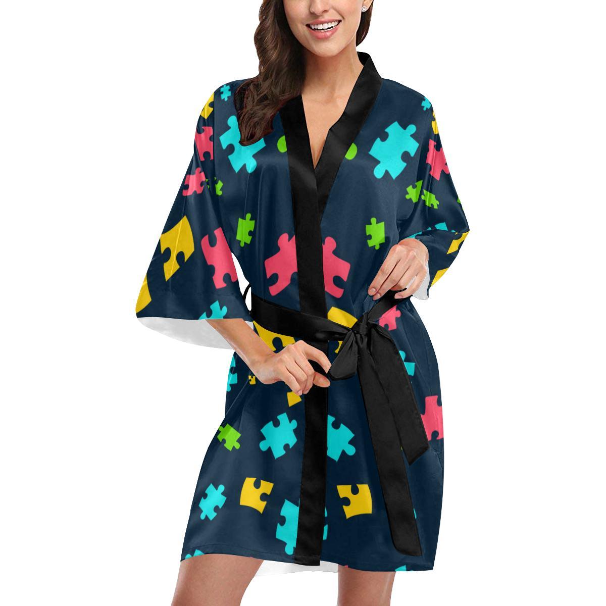 Autism Awareness Colorful Design Print Women Short Kimono Robe