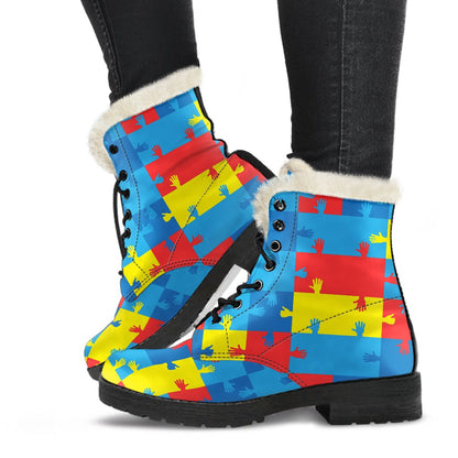 Autism Awareness Design Themed Print Faux Fur Leather Boots-JTAMIGO.COM