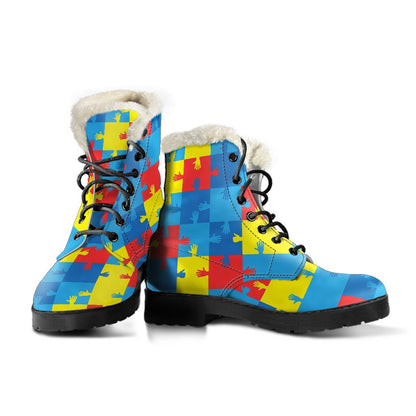 Autism Awareness Design Themed Print Faux Fur Leather Boots-JTAMIGO.COM