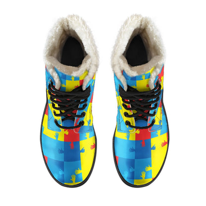 Autism Awareness Design Themed Print Faux Fur Leather Boots-JTAMIGO.COM