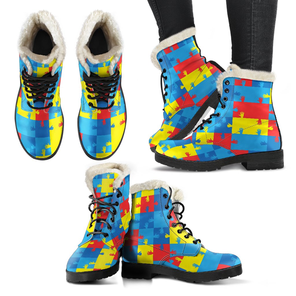 Autism Awareness Design Themed Print Faux Fur Leather Boots-JTAMIGO.COM