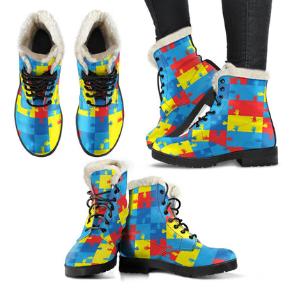 Autism Awareness Design Themed Print Faux Fur Leather Boots-JTAMIGO.COM