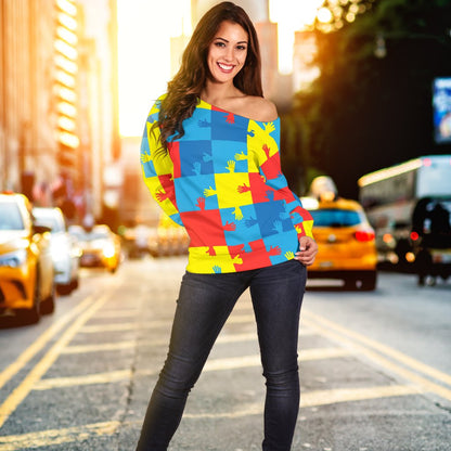 Autism Awareness Design Themed Print Off Shoulder Sweatshirt