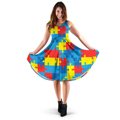 Autism Awareness Design Themed Print Sleeveless Dress
