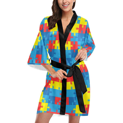 Autism Awareness Design Themed Print Women Short Kimono Robe