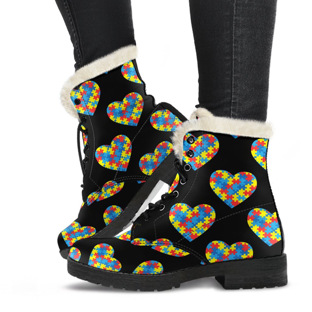 Autism Awareness Heart Design Print Faux Fur Leather Boots-JTAMIGO.COM