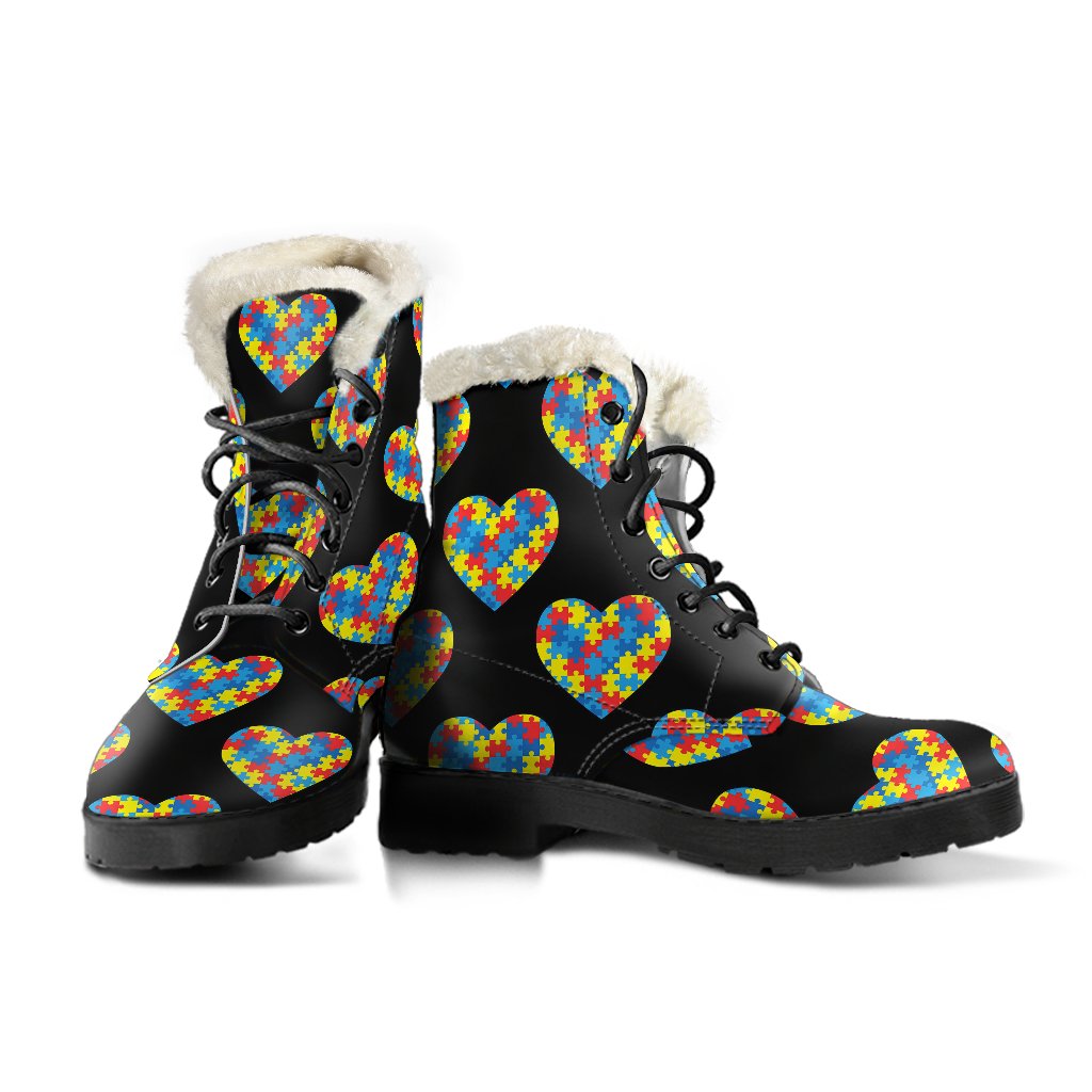 Autism Awareness Heart Design Print Faux Fur Leather Boots-JTAMIGO.COM
