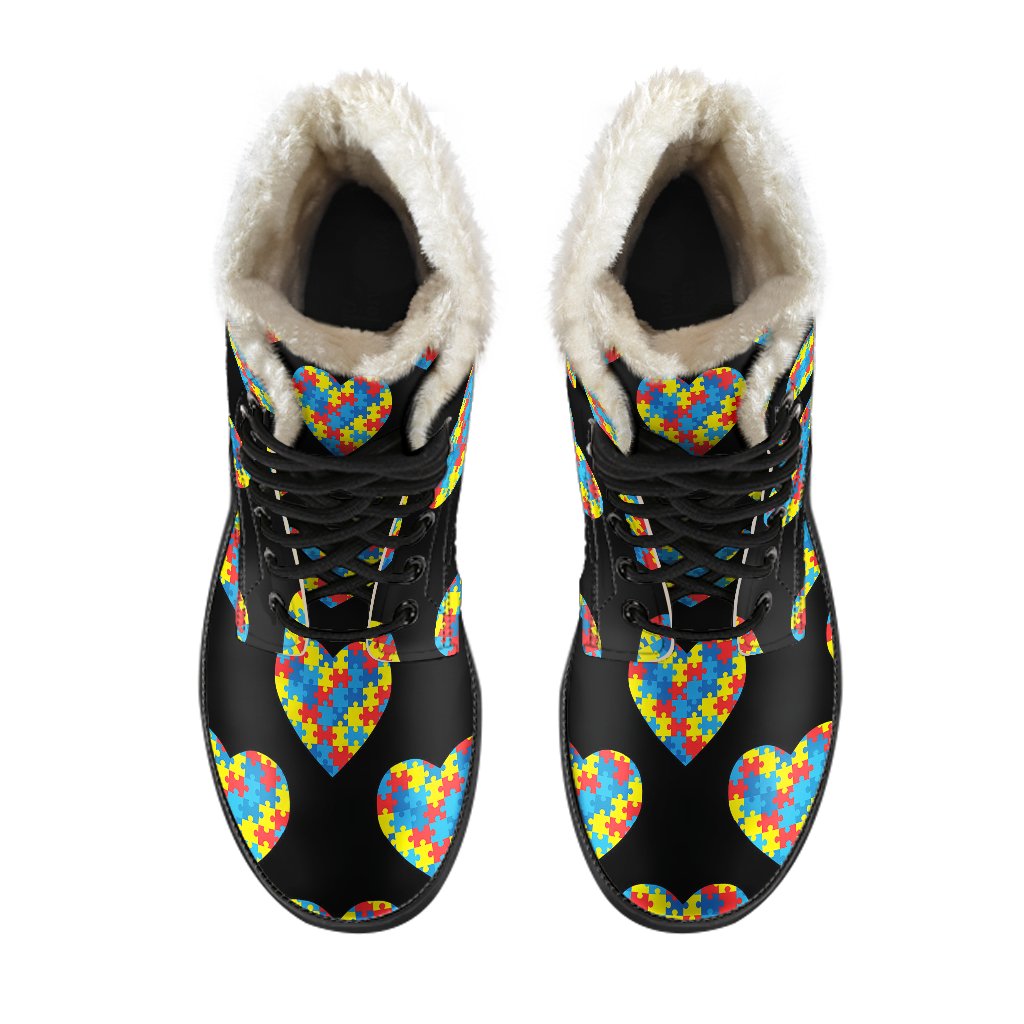 Autism Awareness Heart Design Print Faux Fur Leather Boots-JTAMIGO.COM
