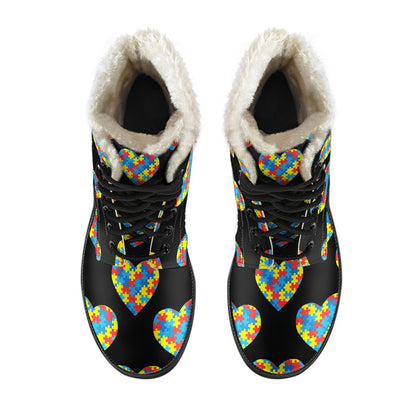Autism Awareness Heart Design Print Faux Fur Leather Boots-JTAMIGO.COM