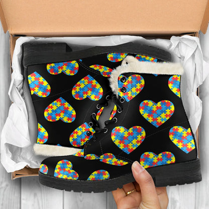 Autism Awareness Heart Design Print Faux Fur Leather Boots-JTAMIGO.COM