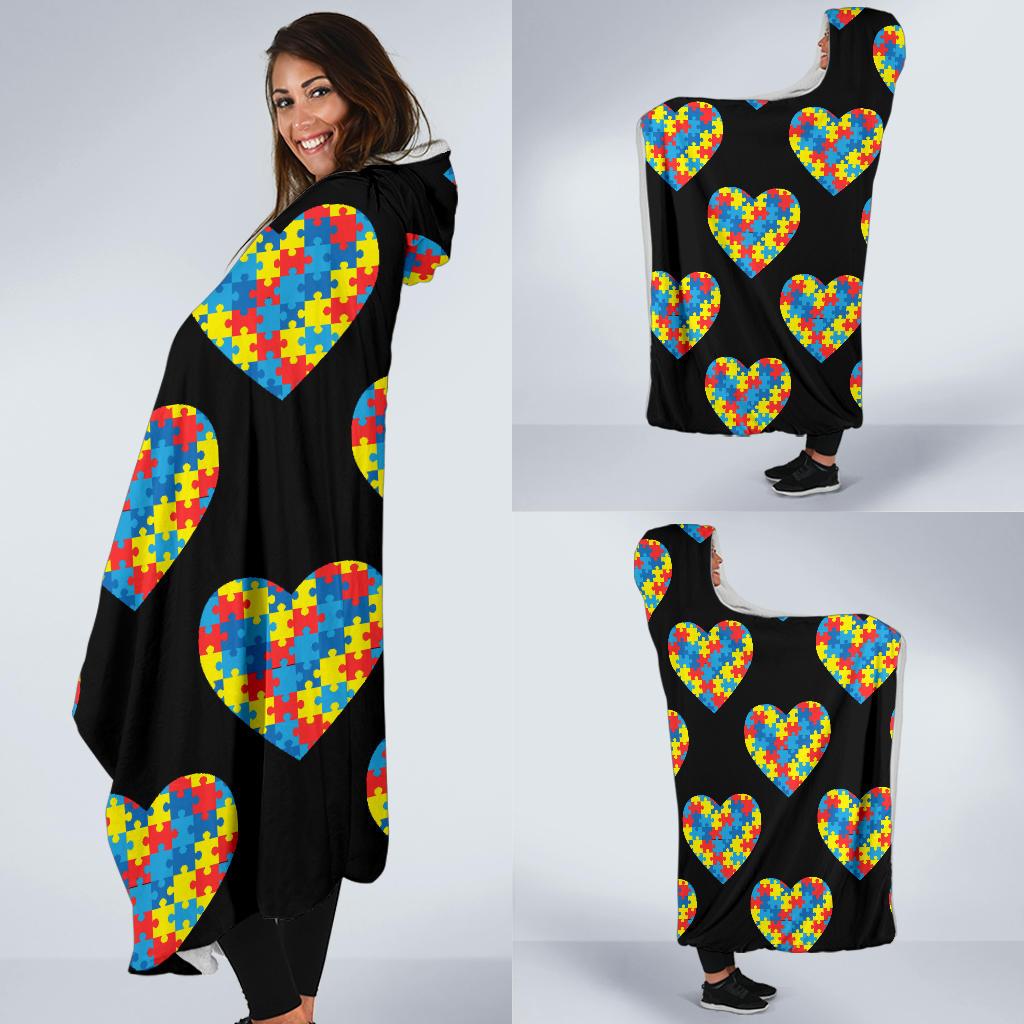 Autism Awareness Heart Design Print Hooded Blanket-JTAMIGO.COM