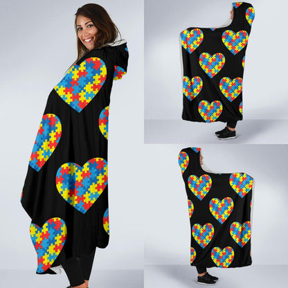 Autism Awareness Heart Design Print Hooded Blanket-JTAMIGO.COM